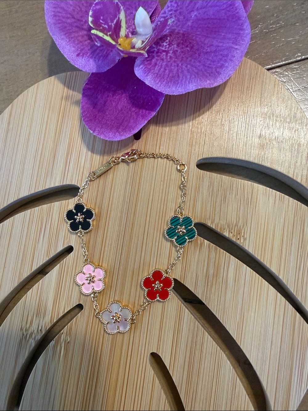 Spring Collection Multicolor Floral Enamel Chain Bracelet - Gold Tone